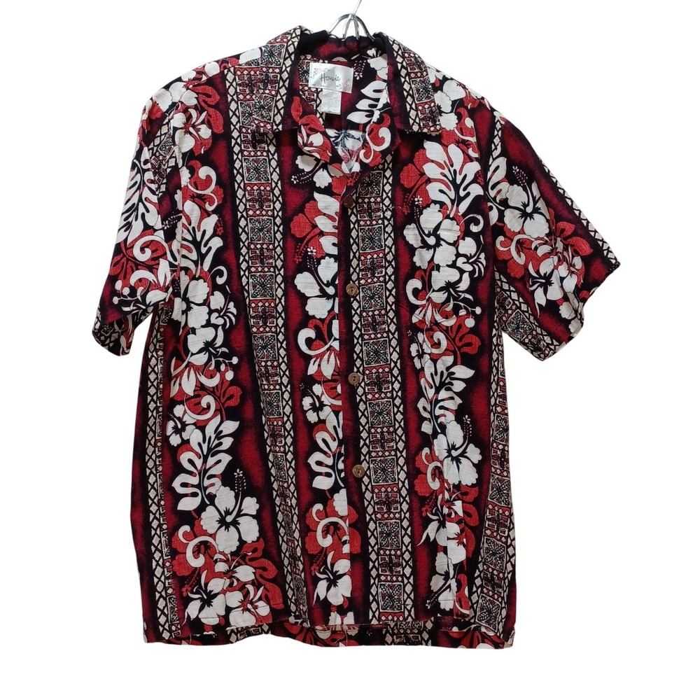 VTG Howie Hawaiian Shirt Mens M Hibiscus Tribal‎ Cotton Aloha Tropical Surf